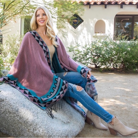 1 LEFT! Mauve Western Aztec Border Print Gorgeous Drape Over Fall Kimono - Picture 2 of 4